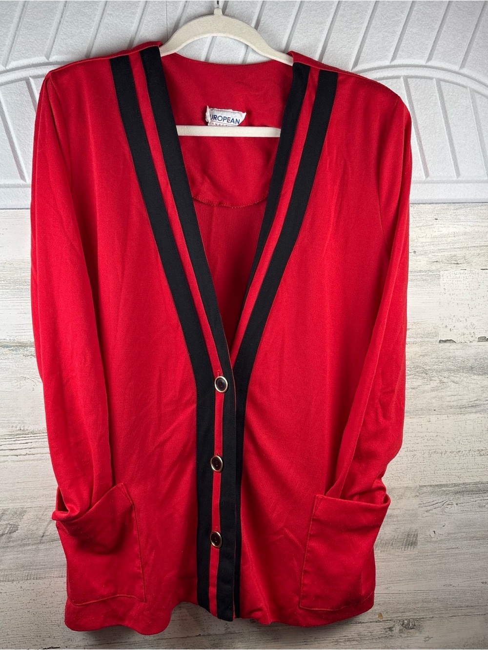 European Culture Red Cardigan with Black Trim and Gold Button